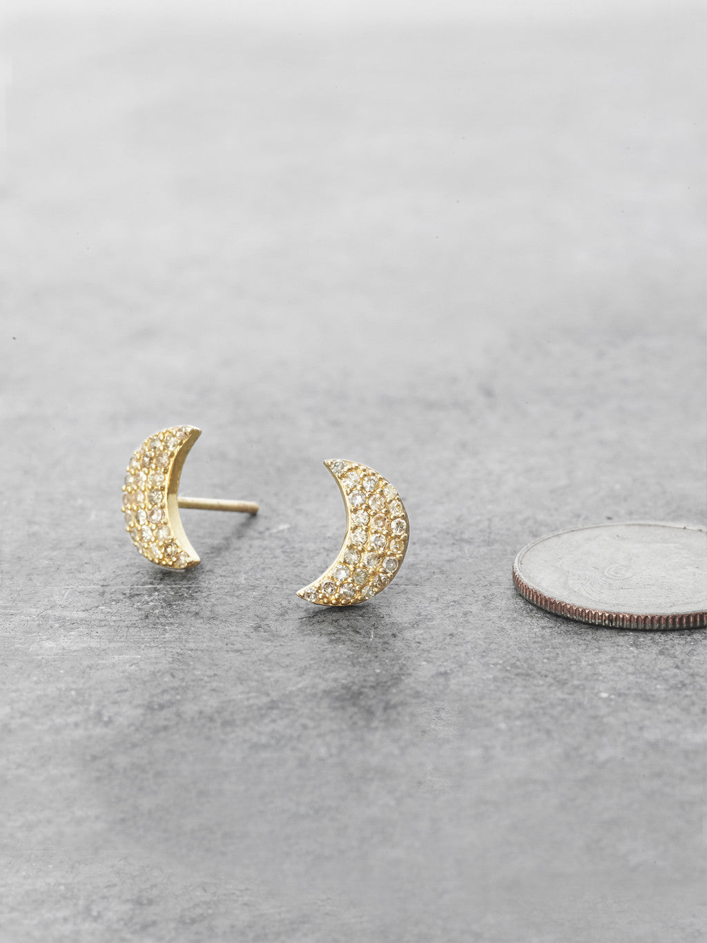 14K Pave Diamond Crescent Moon Posts to scale
