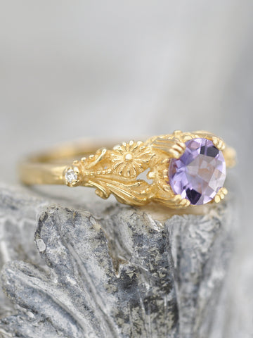 14K Enchanted Blossom Ring - Amethyst + Diamond 