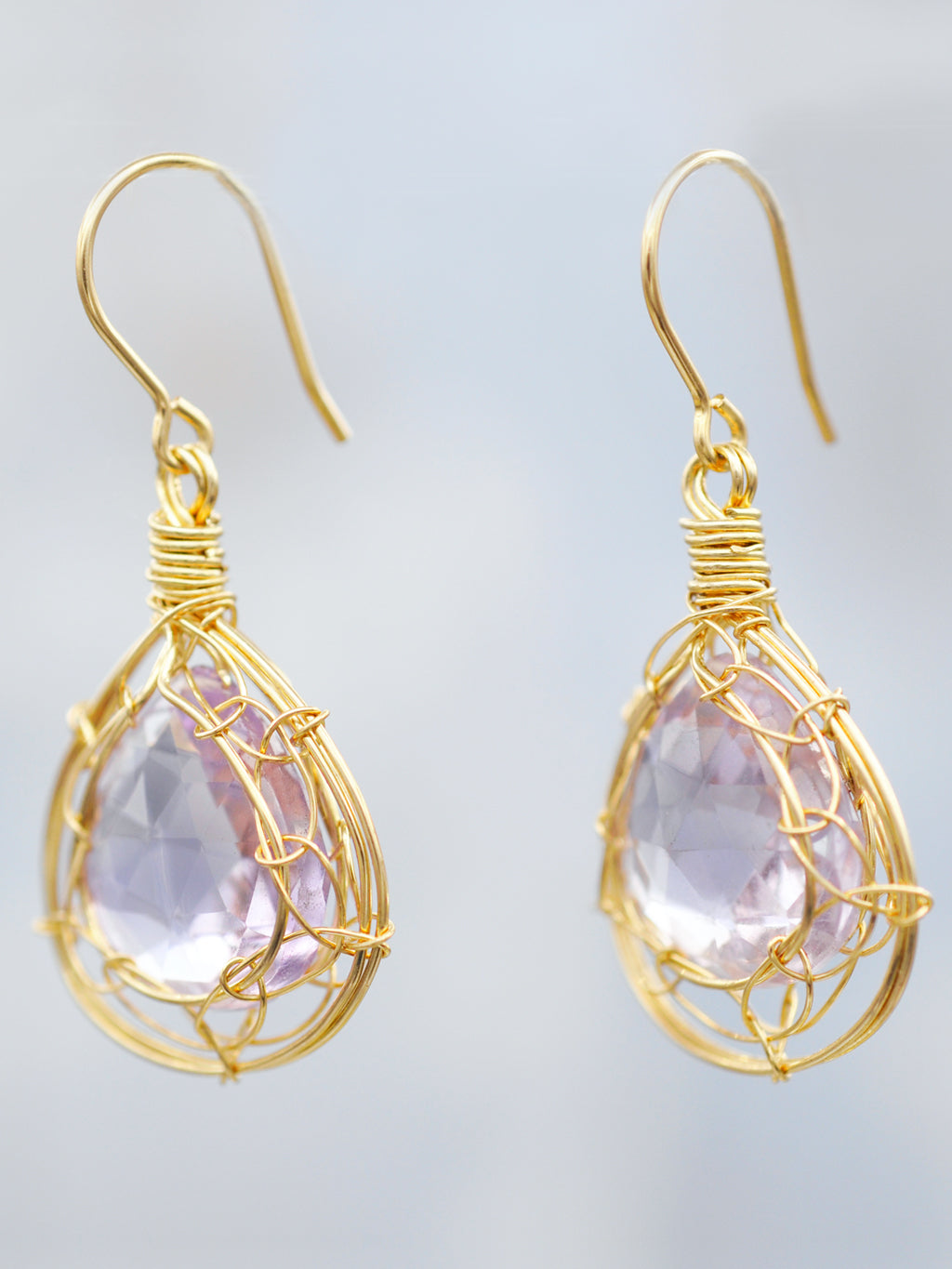 14K Goldfill Pink Amethyst Cage Frame Tear Drop Earrings