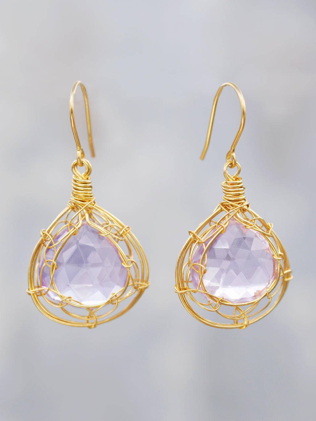 14K Goldfill Pink Amethyst Cage Frame Tear Drop Earrings